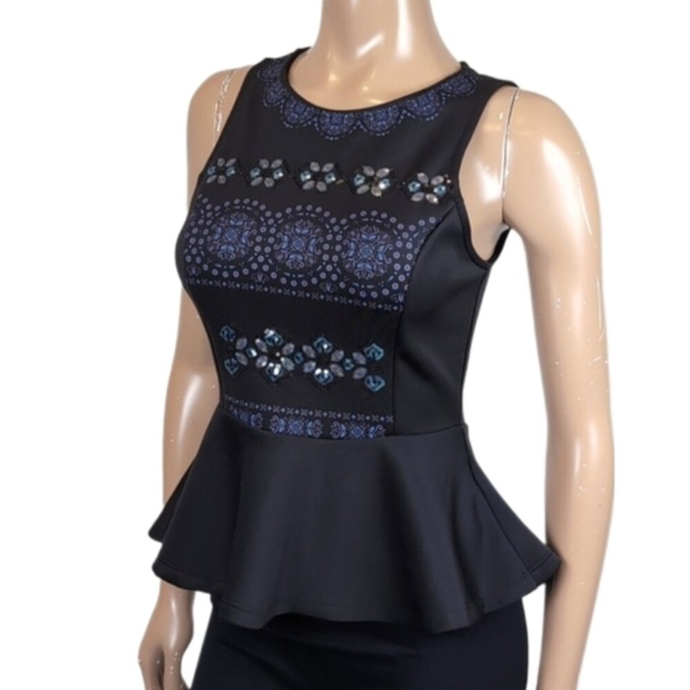 Koaj Glam Peplum Top Embellished Sequin Beaded Scuba Sleeveless Mandala Print